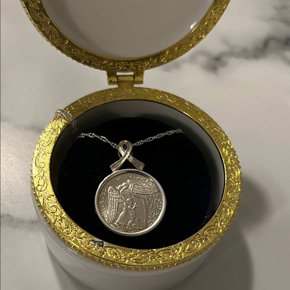 White Ceramic Angel Trinket Box with Vatican coin, silver necklace